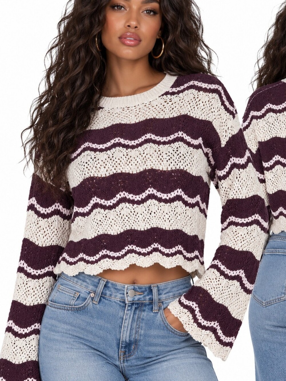 NWT Originality Striped Scallop Edge Cropped Sweater S Brazilian Sand/Fig Lotus